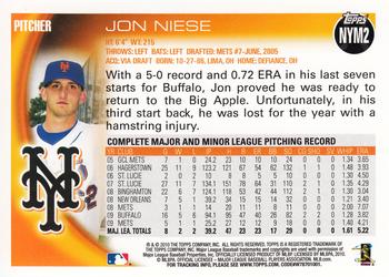 2010 Topps New York Mets #NYM2 Jon Niese Back