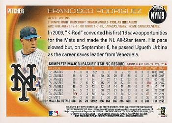 2010 Topps New York Mets #NYM9 Francisco Rodriguez Back