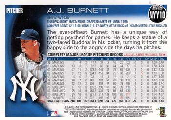 2010 Topps New York Yankees #NYY10 A.J. Burnett Back