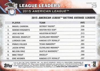 2016 Topps #29 American League Batting Average Leaders Back