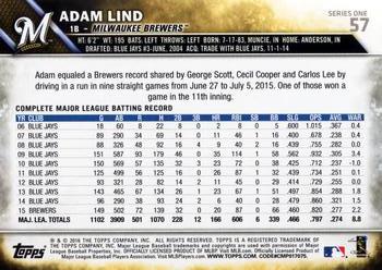 2016 Topps #57 Adam Lind Back