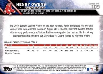 2016 Topps #109 Henry Owens Back