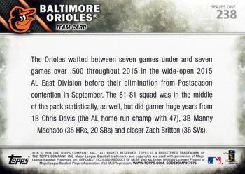 2016 Topps #238 Baltimore Orioles Back