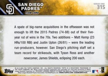 2016 Topps #315 San Diego Padres Back