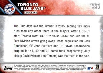 2016 Topps #332 Toronto Blue Jays Back