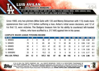 2016 Topps #494 Luis Avilan Back