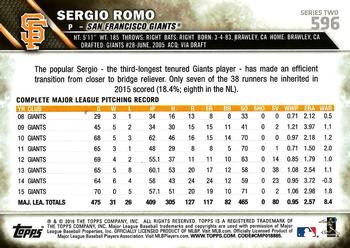 2016 Topps #596 Sergio Romo Back