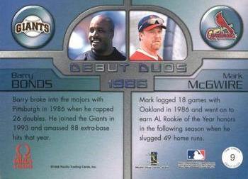 1999 Pacific Omega - Debut Duos #9 Barry Bonds / Mark McGwire  Back