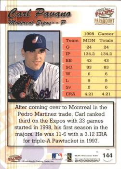1999 Pacific Paramount - Gold #144 Carl Pavano Back