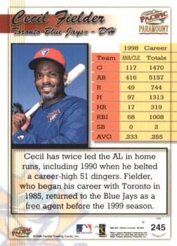 1999 Pacific Paramount - Holo-Gold #245 Cecil Fielder  Back