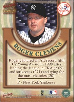 1999 Pacific Paramount - Personal Bests #22 Roger Clemens  Back