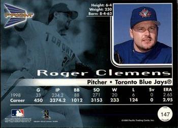 1999 Pacific Prism - Holographic Mirror #147 Roger Clemens  Back