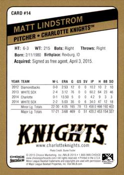 2015 Choice Charlotte Knights #14 Matt Lindstrom Back