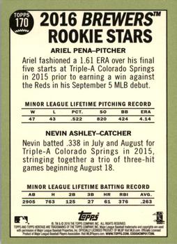 2016 Topps Heritage #170 Brewers 2016 Rookie Stars (Ariel Pena / Nevin Ashley) Back