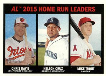 2016 Topps Heritage #243 AL 2015 Home Run Leaders (Chris Davis / Nelson Cruz / Mike Trout) Front