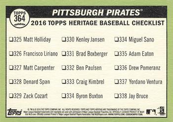 2016 Topps Heritage #364 Pittsburgh Pirates Back