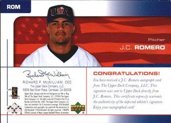 2004 Upper Deck USA 25th Anniversary - Signatures Blue Ink #ROM J.C. Romero Back