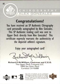 1999 SP Authentic - Chirography #AG Alex Gonzalez  Back