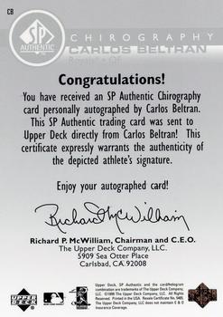 1999 SP Authentic - Chirography #CB Carlos Beltran  Back