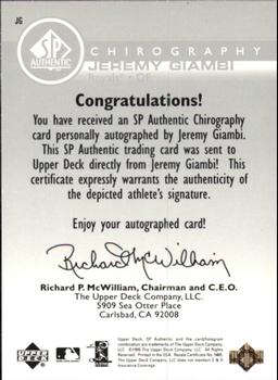 1999 SP Authentic - Chirography #JG Jeremy Giambi  Back