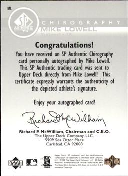 1999 SP Authentic - Chirography #ML Mike Lowell  Back