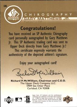 1999 SP Authentic - Chirography Gold #GMJ Gary Matthews Jr. Back
