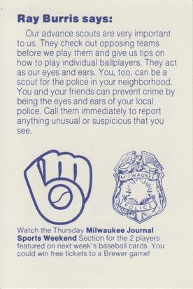 1985 Milwaukee Brewers Police #NNO Ray Burris Back