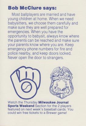 1985 Milwaukee Brewers Police #NNO Bob McClure Back