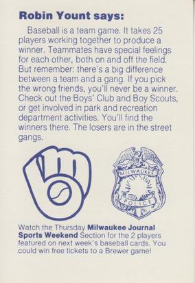 1985 Milwaukee Brewers Police #NNO Robin Yount Back