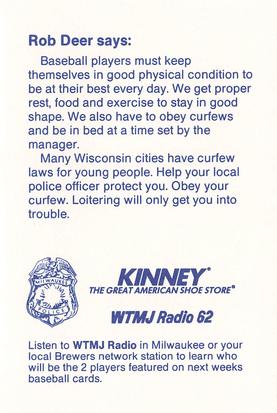 1986 Milwaukee Brewers Police #NNO Rob Deer Back