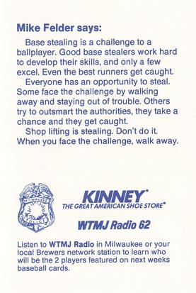 1986 Milwaukee Brewers Police #NNO Mike Felder Back