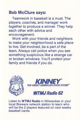 1986 Milwaukee Brewers Police #NNO Bob McClure Back