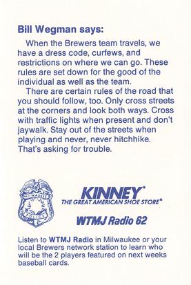 1986 Milwaukee Brewers Police #NNO Bill Wegman Back