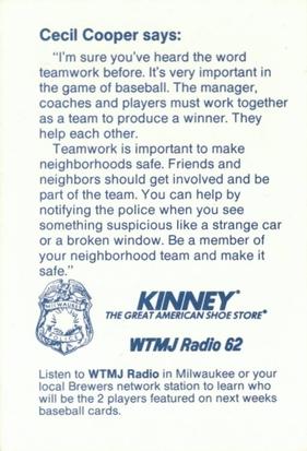 1987 Milwaukee Brewers Police #NNO Cecil Cooper Back
