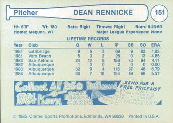 1985 Cramer Albuquerque Dukes #151 Dean Rennicke Back