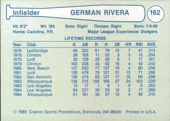 1985 Cramer Albuquerque Dukes #162 German Rivera Back