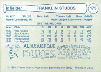 1985 Cramer Albuquerque Dukes #175 Franklin Stubbs Back