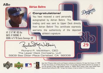 1999 SP Signature Edition - Autographs #ABe Adrian Beltre  Back