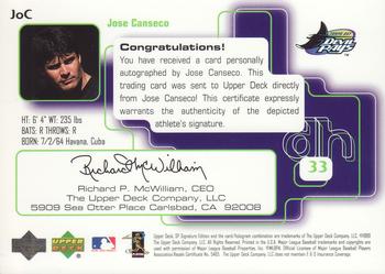 1999 SP Signature Edition - Autographs #JoC Jose Canseco  Back