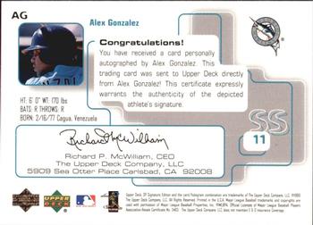 1999 SP Signature Edition - Autographs Gold #AG Alex Gonzalez  Back