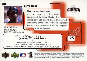 1999 SP Signature Edition - Autographs Gold #BB Barry Bonds  Back