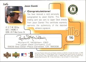 1999 SP Signature Edition - Autographs Gold #JAG Jason Giambi  Back