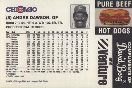 1988 David Berg Chicago Cubs #NNO Andre Dawson Back