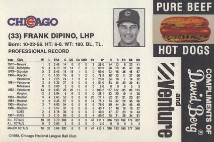 1988 David Berg Chicago Cubs #NNO Frank DiPino Back