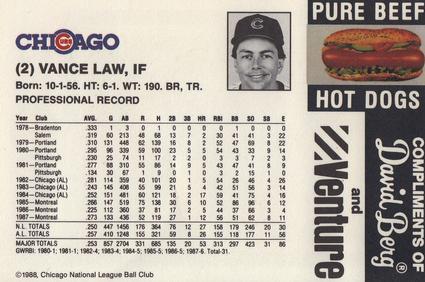 1988 David Berg Chicago Cubs #NNO Vance Law Back