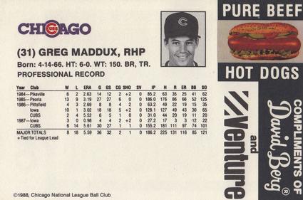 1988 David Berg Chicago Cubs #NNO Greg Maddux Back