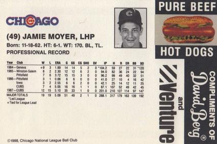1988 David Berg Chicago Cubs #NNO Jamie Moyer Back