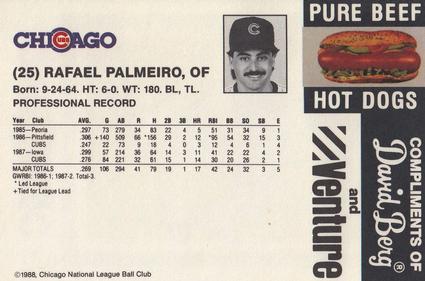 1988 David Berg Chicago Cubs #NNO Rafael Palmeiro Back