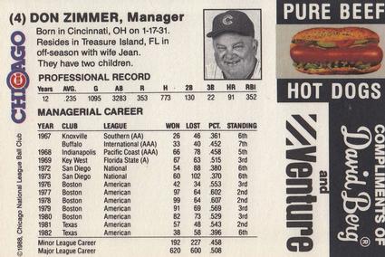 1988 David Berg Chicago Cubs #NNO Don Zimmer Back