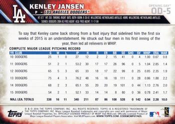 2016 Topps Opening Day #OD-5 Kenley Jansen Back